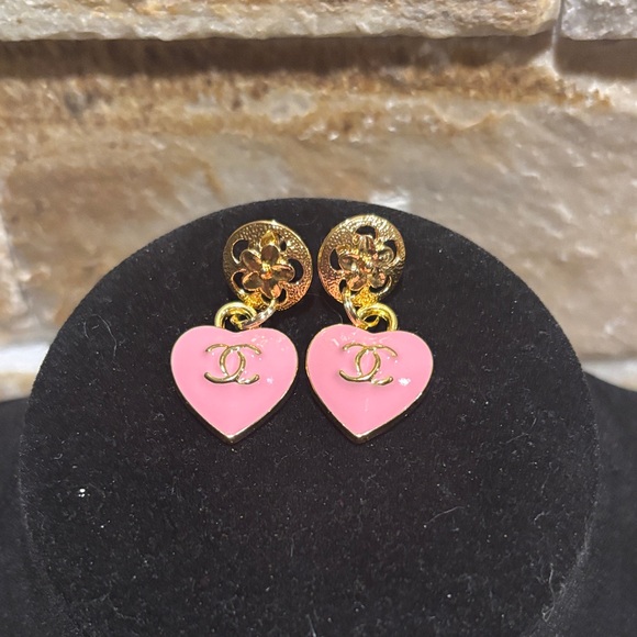 Gold and Pink CC Heart Earrings - Picture 1 of 5